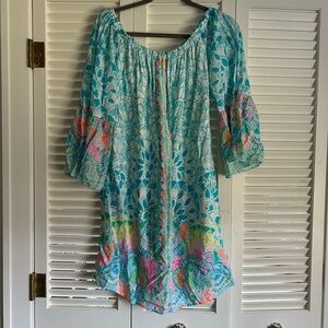 Lilly Pulitzer Nevie Dress Caribbean Citrus Blue Medium Off Shoulder Bell Sleeve